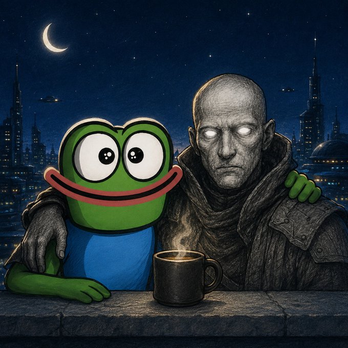 A digital illustration showing a cartoon green frog character with large eyes sitting next to a pale, bald, glowing-eyed figure in a dark hooded robe. They sit on a ledge with a steaming mug between them, set against a nighttime cityscape with a crescent moon.
