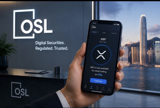 An advertisement for OSL, a digital securities platform, showing a hand holding a phone displaying XRP trading, with the Hong Kong skyline in the background and the tagline 'Digital Securities. Regulated. Trusted.'