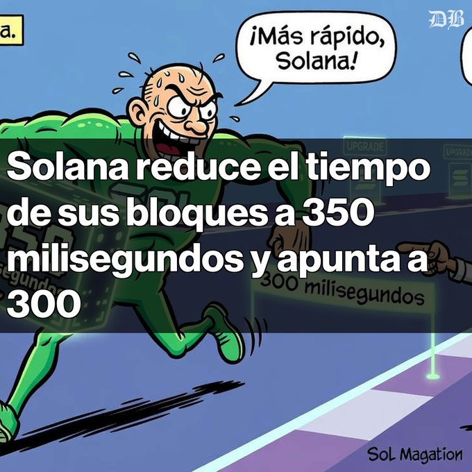 A cartoon graphic showing a sweating character running on a track with a speech bubble reading '¡Más rápido, Solana!', overlaid with Spanish text about Solana reducing block times to 350 milliseconds, targeting 300.