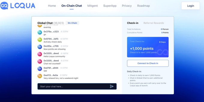 The image shows the newly redesigned Loqua web interface, displaying the "On-Chain Chat" page with a Global Chat featuring 36,923 users, recent messages from users like "0x3756...c323" and "0x9794...24f5," and a Check-in section highlighting a "+1,000 points" reward with a "Connect to Check In" button. This visual corresponds to the post's announcement of Loqua's major design update, showcasing the refreshed UI/UX and the new Referral Rewards/Check-in system mentioned in the update.