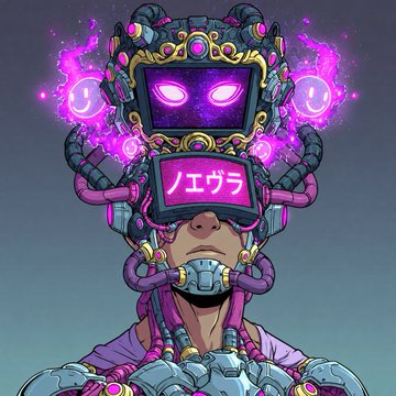 A futuristic cyborg character wears an ornate helmet with glowing purple eyes and emits pink energy orbs, featuring a digital screen displaying Japanese katakana text "ノエヴラ" (Noevura). The image ties to the NFT mint announcement by serving as a striking, otherworldly visual identity for the limited Hedera-based collection, signaling an exclusive, sci-fi-themed drop.
