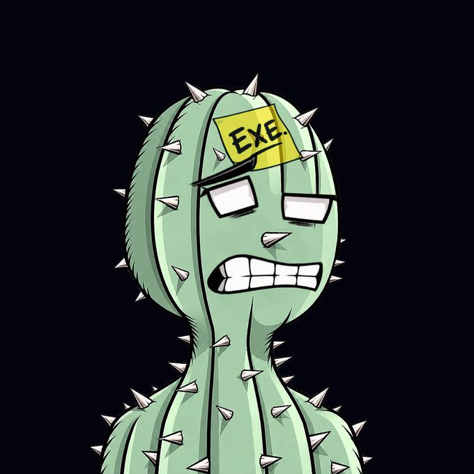 A cartoon cactus covered in spikes wears a yellow sticky note labeled "EXE." on its forehead, featuring a strained, gritted-teeth expression that visually personifies the cryptic "Cactus" code snippet—particularly its "EVOLVING" status and experimental Solana-based purpose.