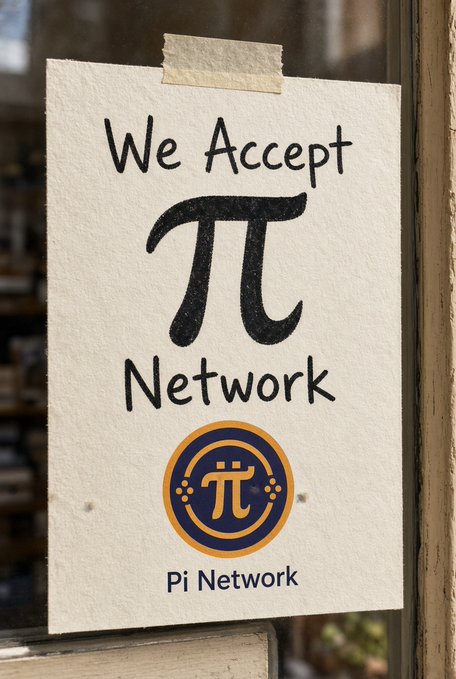 A handwritten sign taped to a window reading 'We Accept Pi Network' featuring the Pi Network logo.