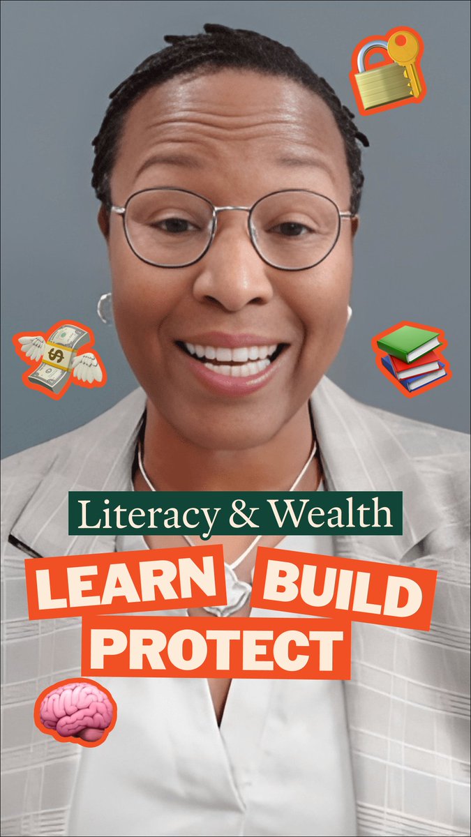 The image features a smiling woman with glasses, surrounded by icons of a padlock with key, winged money, books, and a brain, with the text "Literacy & Wealth" and "LEARN BUILD PROTECT" overlaid. This visual supports the post's message about financial literacy, with the icons representing protection (lock), wealth-building (money), education (books), and knowledge (brain)—reinforcing the three pillars of earning, building, and protecting one's finances.