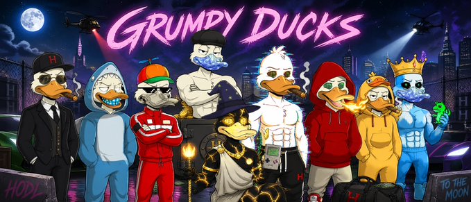 A group of cartoon duck characters with various outfits and accessories stand together in front of a city skyline at night, with helicopters overhead and the bold pink text "GRUMPY DUCKS" displayed prominently at the top. Graffiti reading "HODL" and "TO THE MOON" appears on surfaces in the scene, complementing the crypto-themed post referencing the Grumpy_DuckOG NFT collection on Hedera ($HBAR).