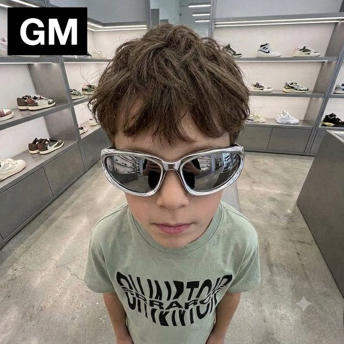 A young boy wearing silver-framed sunglasses and a green graphic t-shirt standing in a shoe store, with a 'GM' sticker in the top left corner.