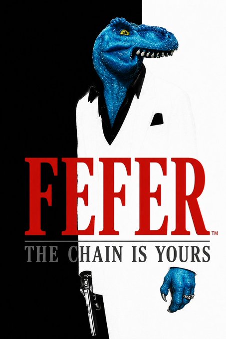The image is a playful parody of the iconic "Scarface" movie poster, featuring a velociraptor dressed in a white suit with the text "FEFER - THE CHAIN IS YOURS," referencing a crypto token called $FEFER and tying into the post's "NO RISK NO FEFERRARI" wordplay.