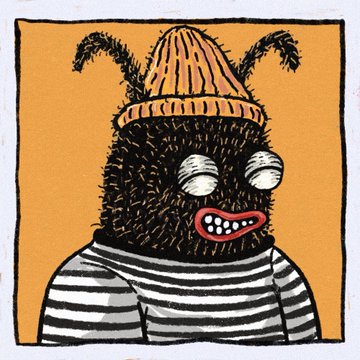 A cartoon illustration of a fuzzy bug-like creature wearing an orange beanie and a striped shirt with a goofy grin on a yellow background.