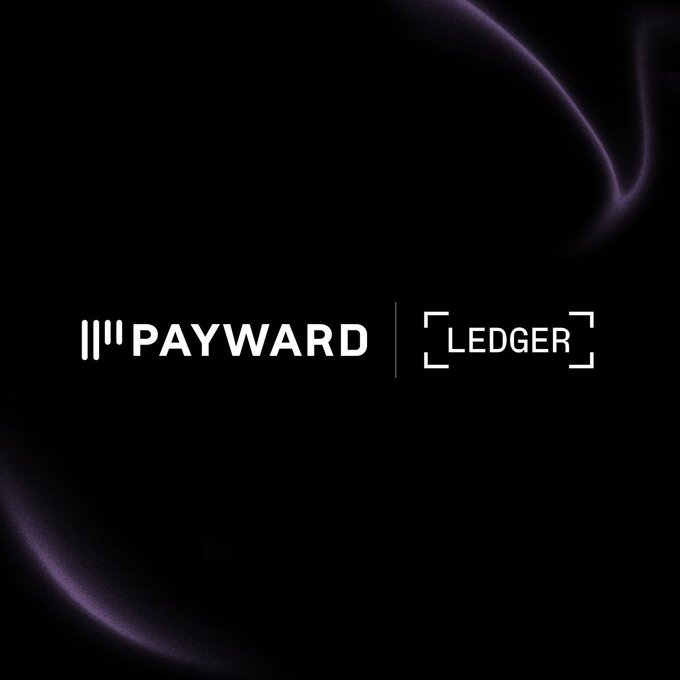 The image displays the logos of "PAYWARD" and "LEDGER" side by side on a black background with subtle purple light accents. It visually represents the announced partnership between Ledger and Payward (parent company of Kraken) to integrate secure self-custody with global liquidity.
