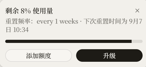 TradingView quota dialog showing '剩余 8% 使用量' (8% usage remaining) with a weekly reset frequency and next reset time of September 7th at 10:34, with options to add credits or upgrade.