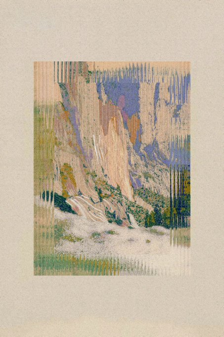 An artistic print displays a mountainous landscape scene with cascading waterfalls, rocky cliffs, and greenery, rendered in pastel tones with a distinctive vertical line distortion effect.