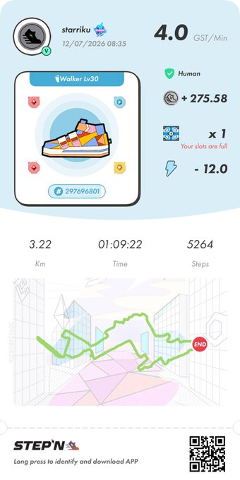 A STEP'N app screenshot showing user 'stariku' with stats 4.0 GST/Min, a 'Walker Lv30' shoe, earnings of +275.58, and activity stats including 3.22 km and 5264 steps.