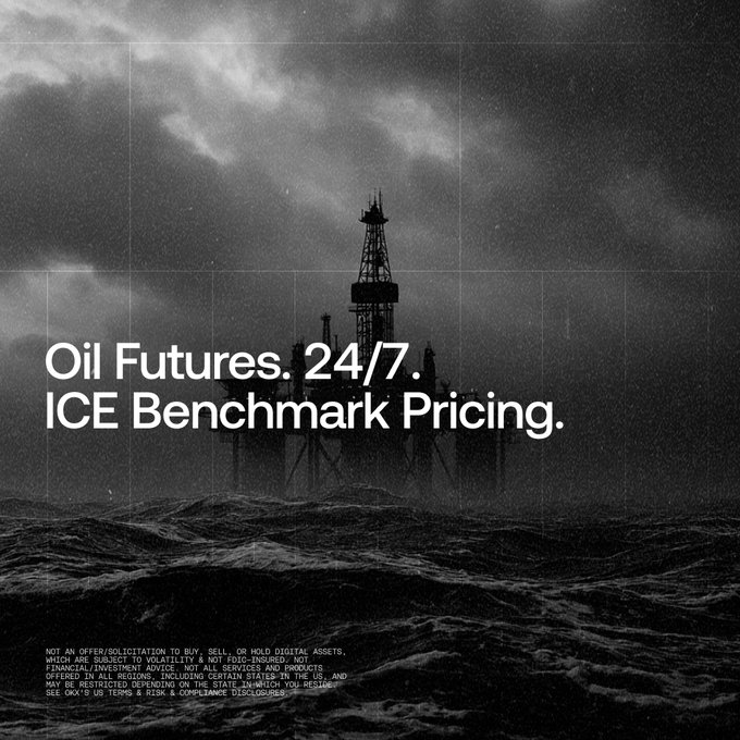 A dramatic black-and-white image of an offshore oil rig emerging from stormy seas, overlaid with the text "Oil Futures. 24/7. ICE Benchmark Pricing."—reinforcing the post's message of round-the-clock oil trading on OKX using licensed ICE benchmarks trusted by global energy markets.