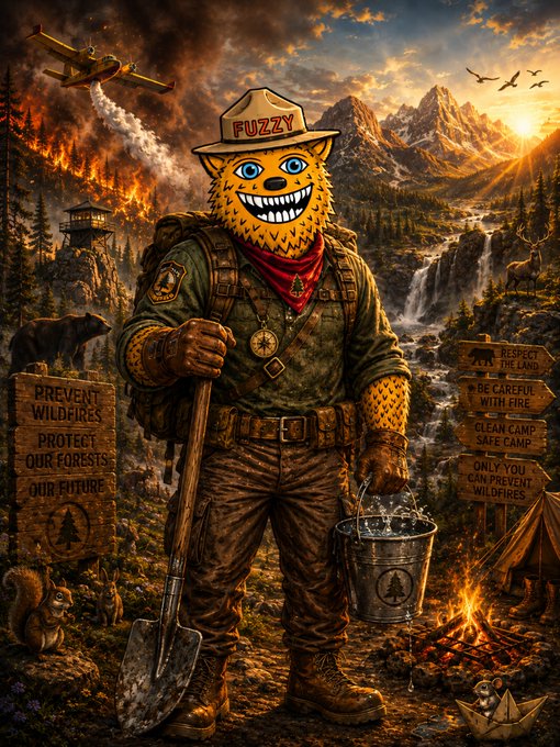 A digital illustration of a Smokey Bear-like character wearing a ranger hat labeled 'FUZZY', holding a shovel and a bucket of water in a wilderness scene with signs reading 'PREVENT WILDFIRES PROTECT OUR FORESTS OUR FUTURE' and 'RESPECT THE LAND BE CAREFUL WITH FIRE CLEAN CAMP SAFE CAMP'.