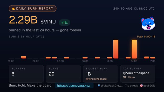 A daily burn report dashboard showing 2.29B $VINU burned in the last 24 hours, featuring hourly burn charts, 6 burners, 29 burns, biggest burn of 1B by @Vinuinthespace, and a link to usenovara.xyz.