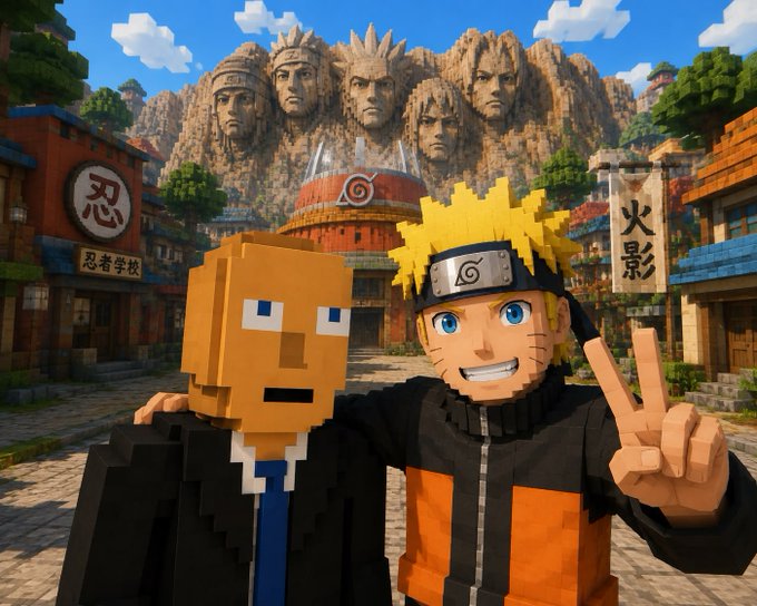 Naruto and a blocky orange-skinned character pose for a photo in the Hidden Leaf Village, with the iconic Hokage Rock and a sign reading "忍" (ninja) visible in the background, reflecting the post's playful blend of anime and NFT culture.