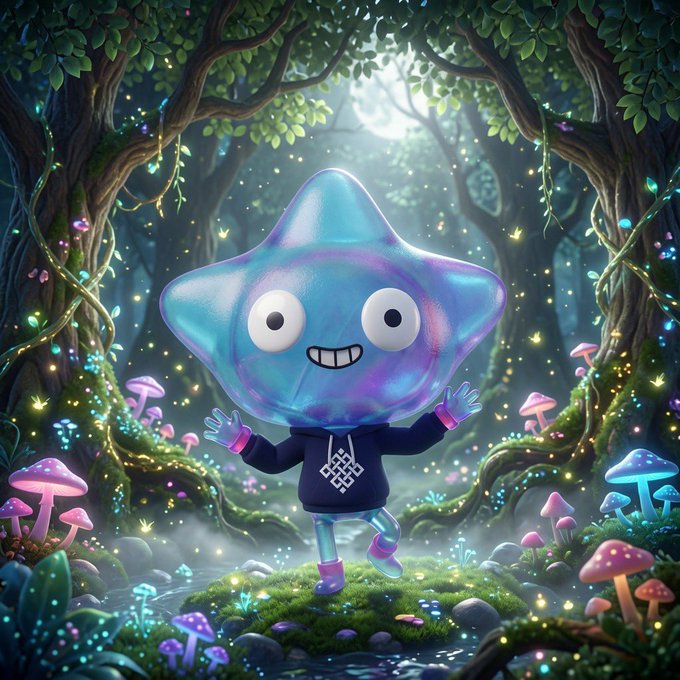 A 3D-rendered illustration of a cute, smiling blue star-shaped character wearing a hoodie, standing in a magical forest with glowing mushrooms and sparkling lights.