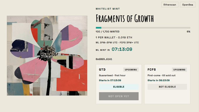 A NFT mint page titled 'WHITELIST MINT FRAGMENTS OF GROWTH' showing 100/1,700 minted (6%), priced at 0.019 ETH, with a countdown timer at 07:13:09.