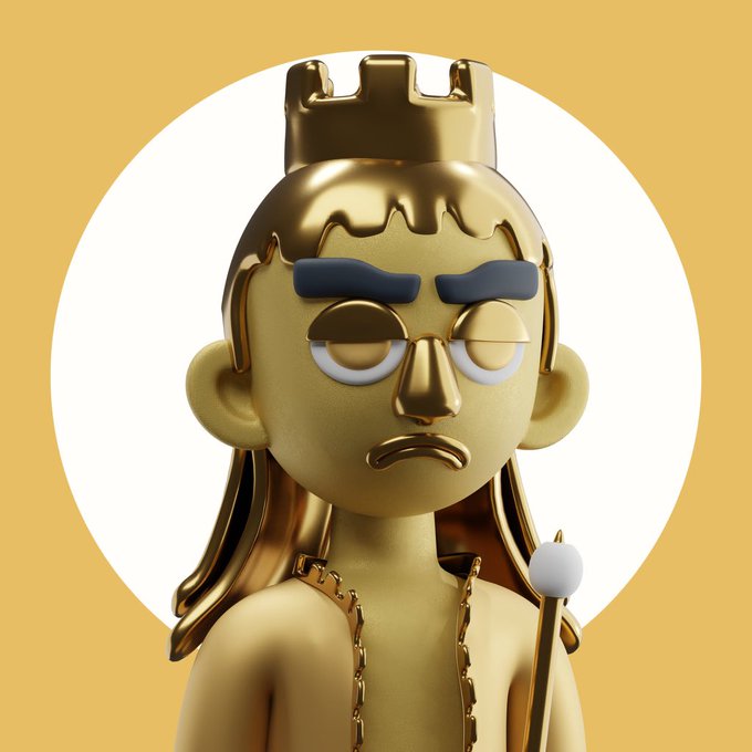 A 3D-rendered golden figurine of a character with a crown, thick eyebrows, half-closed eyes, and a scepter, set against a white circular background on a tan backdrop.