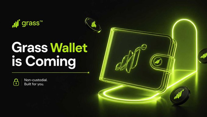 The image is a sleek promotional graphic featuring a neon green glowing wallet illustration against a black background, with the "grass™" logo, "Grass Wallet is Coming" headline, and tagline "Non-custodial. Built for you." It visually reinforces the post's announcement by depicting the upcoming non-custodial Grass Wallet alongside floating GRASS tokens, highlighting the mid-July launch of the built-in crypto wallet feature.
