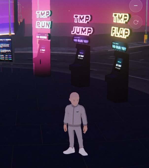 A virtual reality scene showing a 3D avatar in gray clothing standing in front of arcade machines labeled 'TMP RUN', 'TMP JUMP', and 'TMP FLAP' with a pink/purple sunset sky.