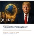 The image is a promotional thumbnail featuring Donald Trump with a glowing globe, the XRP cryptocurrency logo, and the text "THE GREAT BITCOINESQ RESET" along with "Trump 2028 – America First. Bitcoin 2028 – America First. XRP – A Green Currency for the Modern Era." It aligns with the post's crypto-futurist themes of Bitcoin's decline and XRP's rise as a "liquid gold" standard tied to Trump-era financial messaging.