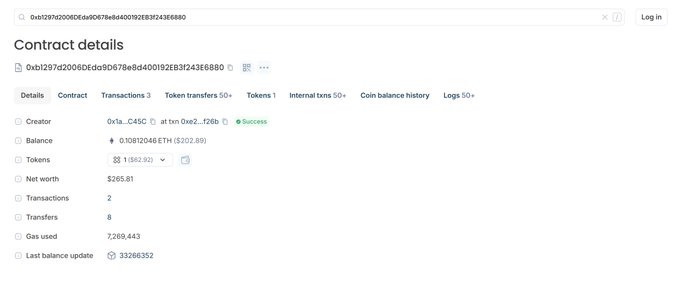 Etherscan contract details page for address 0xb1297d2006E0ed90678eb400192E831f243E6880, showing creator 0x1a...C45C, balance 0.10812048 ETH, net worth $265.81, and other transaction data.