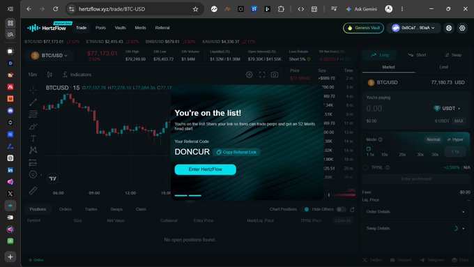 A screenshot of the hertzflow.xyz trading platform displays a BTCUSD chart with a popup reading 'You're on the list! Your Referral Code: DONCUR' and BTC priced at $77,180.73.