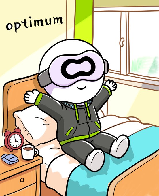 An illustrated cartoon character wearing a white and purple VR headset and a black and green outfit, sitting up in bed stretching, with the word "optimum" in the top left corner.