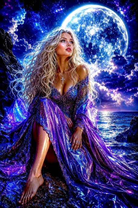 A luminous figure in a flowing purple gown sits gracefully on rocky terrain, gazing toward a massive glowing moon that dominates the starry night sky above the ocean—capturing the ethereal, otherworldly atmosphere of the "MOON" AI challenge.