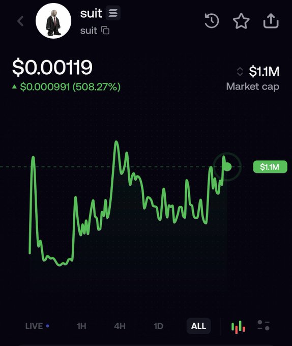 Crypto price chart for the token 'suit' showing a price of $0.00119, up $0.000991 (508.27%), with a $1.1M market cap and an ALL-timeframe green line graph.