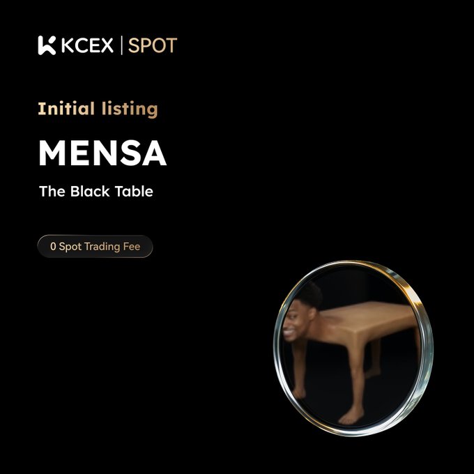 A cryptocurrency exchange announcement from KCEX | SPOT featuring the initial listing of 'MENSA - The Black Table' with 0 Spot Trading Fee and a meme image of a monkey on a table.