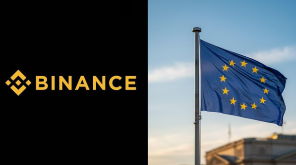 The image shows the Binance logo on the left alongside the European Union flag on the right, visually representing Binance's suspension of services for EU customers due to failure to obtain the MiCA license before the regulatory deadline.