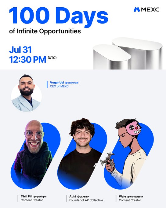 MEXC promotional graphic for '100 Days of Infinite Opportunities' event on July 31 at 12:30 PM (UTC), featuring CEO Vugar Usi and content creators Chill Pill, Abhi, and Wale.