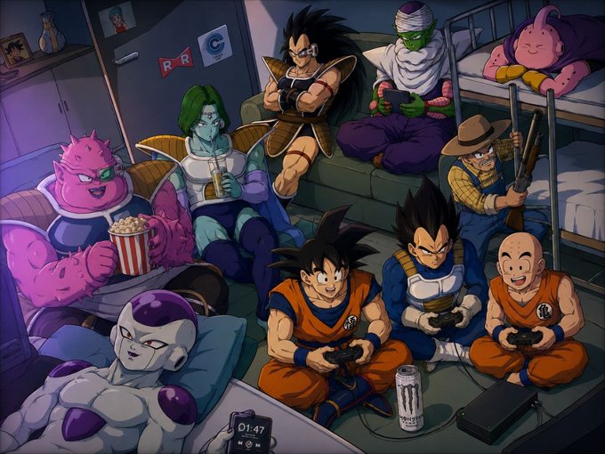 An illustration of various Dragon Ball characters including Goku, Vegeta, Frieza, and Krillin gathered in a room playing video games.