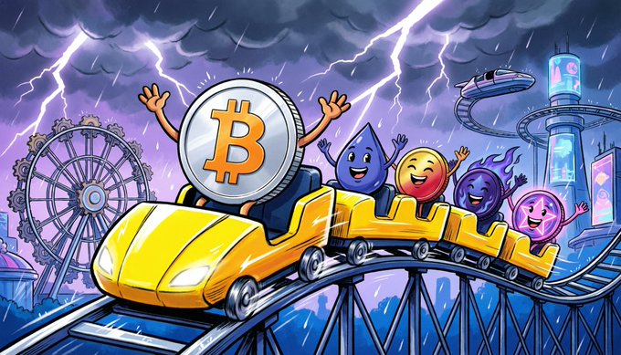 A cartoon illustration of Bitcoin riding a yellow roller coaster with various emoji characters, set against a stormy sky with lightning and a futuristic cityscape.