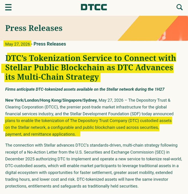 The image shows a screenshot from an email promoting a DTC's tokenization service that connects with Stellar Public Blockchains. The text explains that this new service will connect via tokenized assets, allowing users to transfer money between the Stellar network and traditional asset networks. There are specific instructions on how to enable the tokensetup of theDTCC standards against the Stellar network.