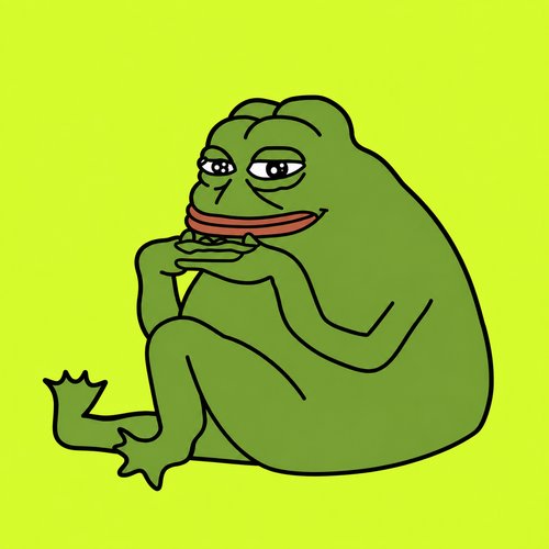 Cartoon illustration of a sad-looking green Pepe frog sitting hunched over with hands clasped against a bright yellow-green background.