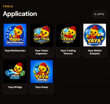 The image shows a "Tools" section labeled "Application" displaying six apps related to the YAYA ecosystem: Yaya Multisender, Yaya Token Inspector, Yaya Trading Volume, Yaya Wallet Analysis, Yaya Bridge, and Yaya Swap. This suite of tools supports the post's message about pushing $YAYA toward a $1M market cap by providing the utility and infrastructure needed for the token's growth and adoption.