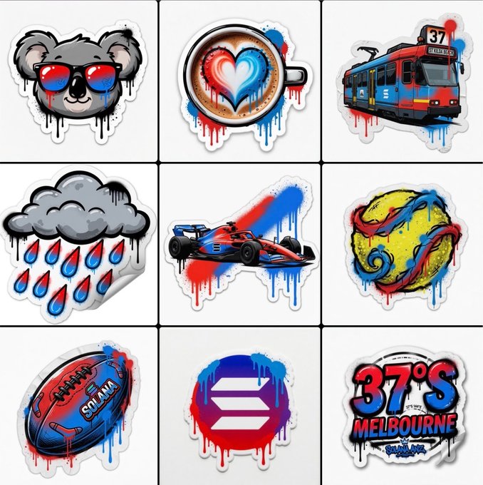 A collection of nine graffiti-style stickers featuring street art designs, including a koala, a coffee cup with a heart, a tram numbered 37, a storm cloud, a Formula 1 car, a tennis ball, a football, the Solana logo, and text reading '37°S MELBOURNE' and 'SOLANA'.