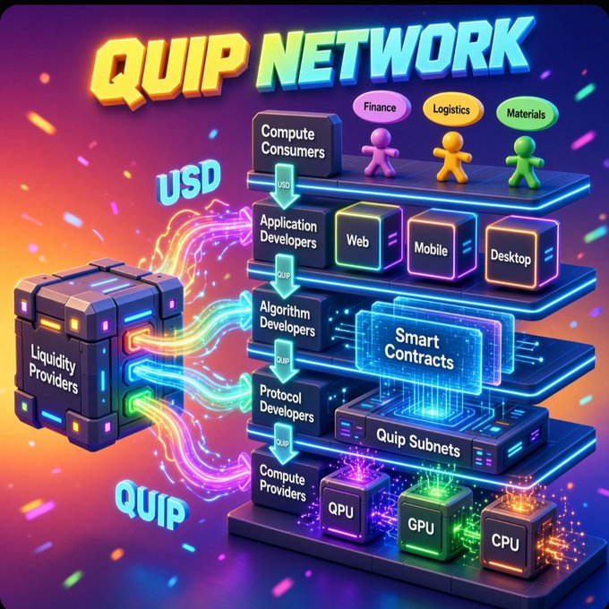 A colorful, neon-style 3D infographic titled "QUIP NETWORK" illustrating the flow of QUIP tokens from Liquidity Providers to various developer layers (Application, Algorithm, Protocol Developers), through Smart Contracts and Quip Subnets, down to Compute Providers (QPU, GPU, CPU), with end-user categories like Finance, Logistics, and Materials.