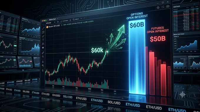 A trading terminal displays Bitcoin/USD charts with crypto pairs (ETH/USD, SOL/USD) and shows OPTIONS OPEN INTEREST of $60B and FUTURES OPEN INTEREST of $50B.