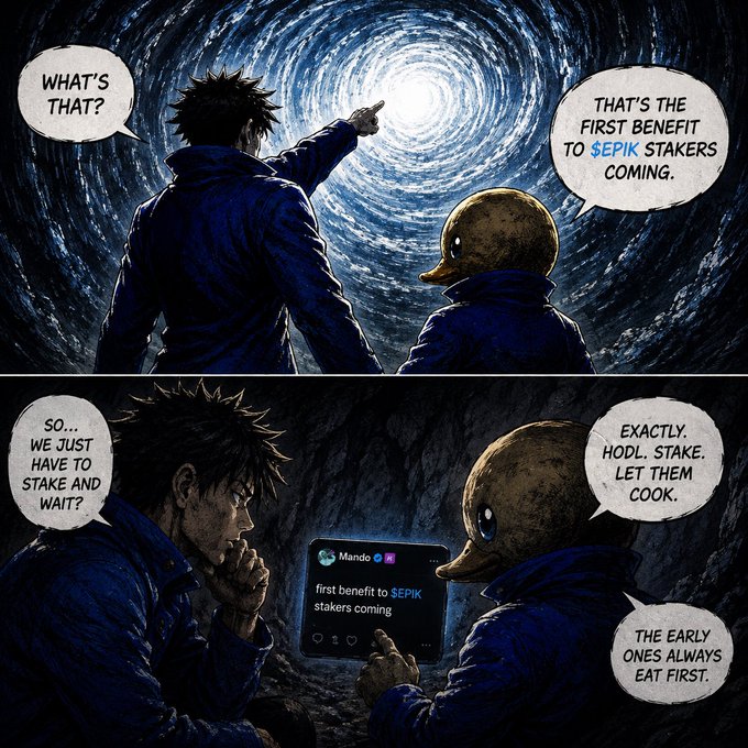A two-panel comic features a human and a duck in blue jackets looking at a swirling light in the sky and then a phone reading "first benefit to $EPIK stakers coming," discussing "hodl" and "staking."