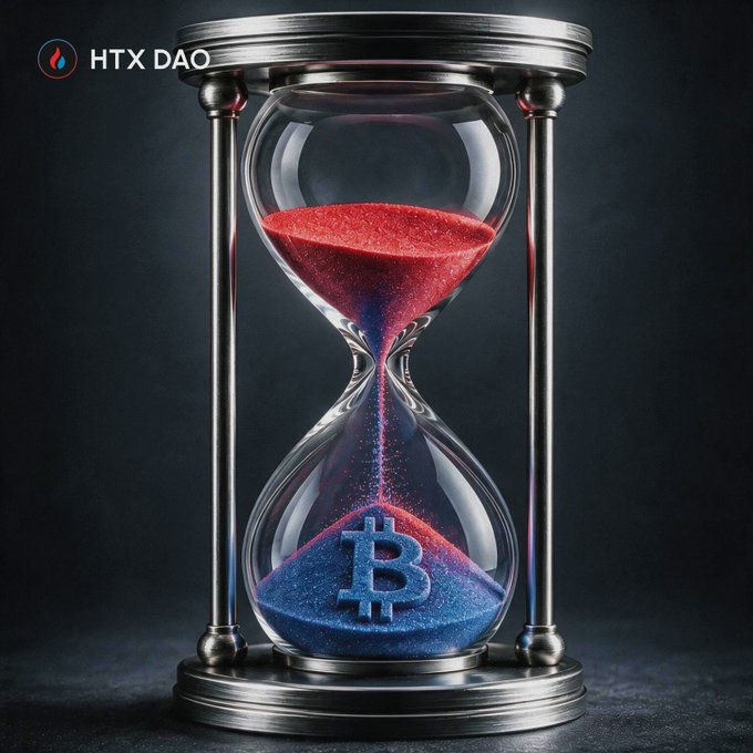 A digital rendering of an hourglass with red and blue sand flowing through it, featuring a Bitcoin logo at the bottom, branded with 'HTX DAO.'