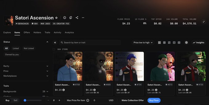 An OpenSea NFT marketplace listing for 'Satori Ascension' collection on Berachain blockchain, showing 984 items with a floor price of $4.23 and various anime-style character artwork.