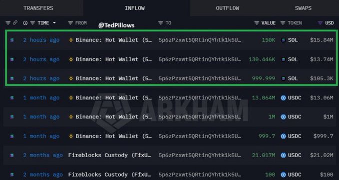 A screenshot of a crypto transaction history interface shows recent transfers from Binance Hot Wallet, including 150K, 130.446K, and 999.999 SOL from @TedPillows.