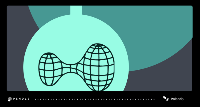 Dark logo artwork featuring a wireframe geometric shape on a teal circular background, labeled 'PENDLE' and 'Valantis' at the bottom.