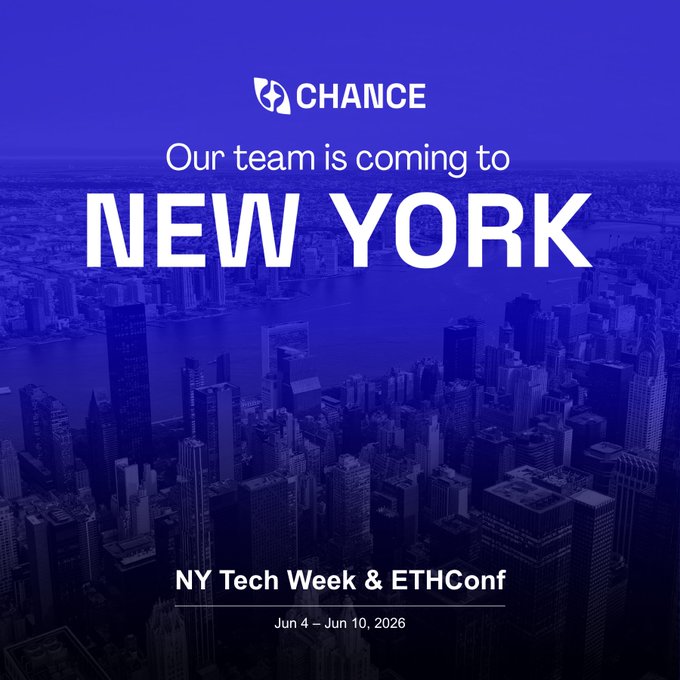 The image features a city skyline with buildings of various sizes and colors, including some that are taller than others. The text " Chance Team is coming to New York" is written above the scene, indicating that the team is currently located in New York City for NY Tech Week & EthCon.
