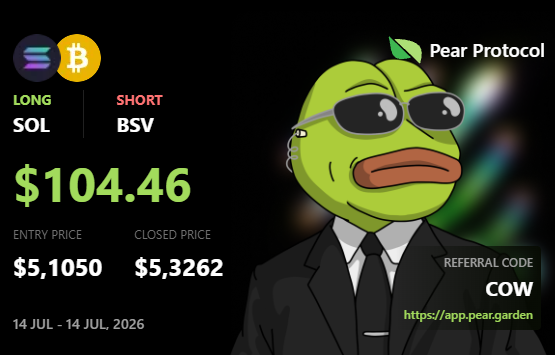 A crypto trade screenshot for Pear Protocol showing LONG SOL $104.46 with entry price $5,1050 and closed price $5,3262, dated 14 JUL - 14 JUL, 2026, featuring a meme character in sunglasses and a suit.
