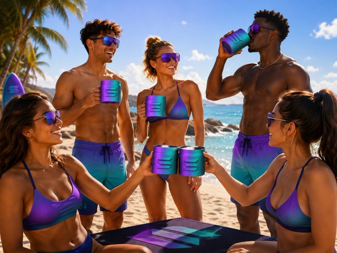 Five young adults in colorful swimwear and sunglasses holding metallic purple-blue cups while socializing on a tropical beach with palm trees and ocean in the background.